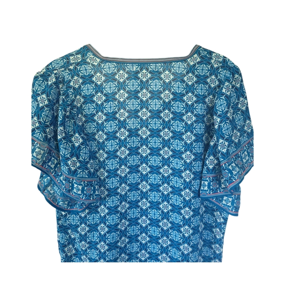 Max Studio Coastal Boho Tile Print Tie Front Blouse M Flutter Sleeve Summer NWT - Picture 6 of 10